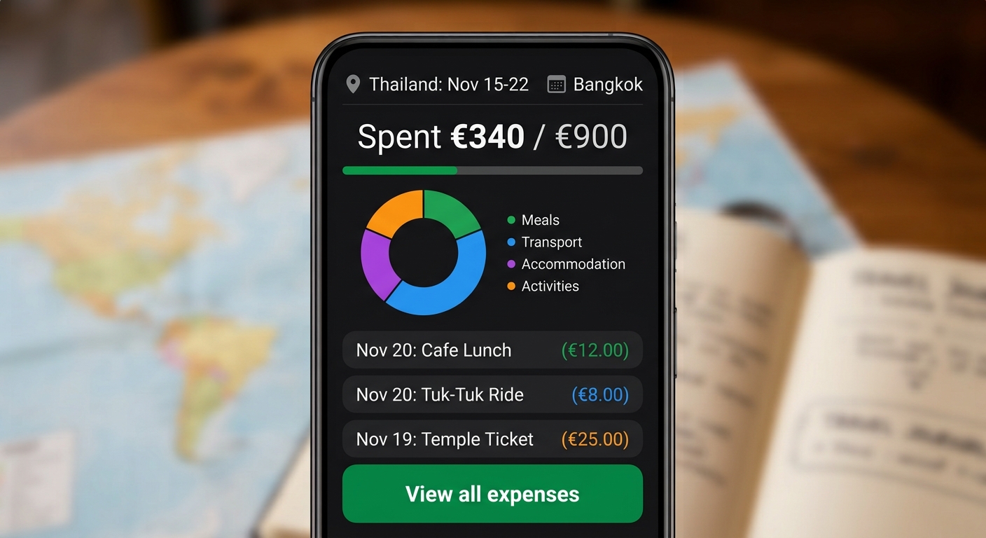 Trip budget dashboard with spending by category
